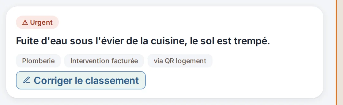 Un incident classé urgent : plomberie, intervention facturée, reçu via le QR du logement