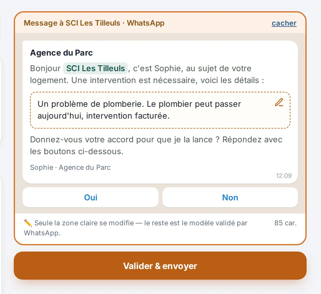 Le message au propriétaire, rédigé et prêt à valider d'un geste