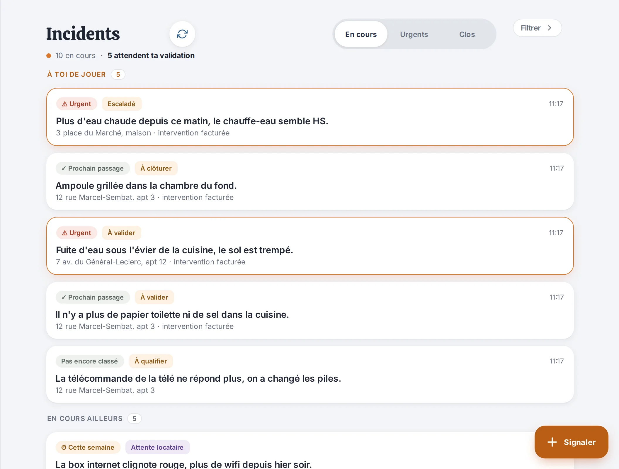 Le tableau de bord : la liste des incidents triés, les urgences en tête